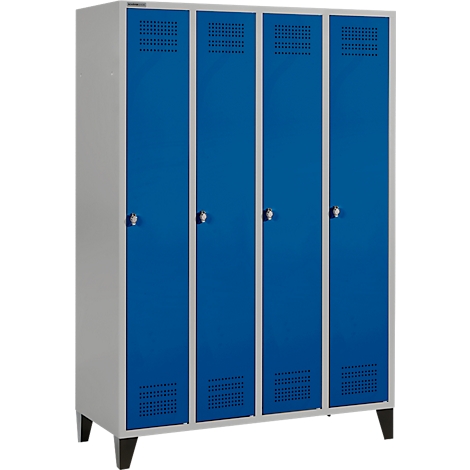 Cabinet with four blue doors, silver frames and black feet.