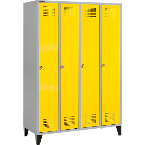 Grey cabinet with four yellow doors. Each door has a hole pattern at the top and bottom, as well as a knob.