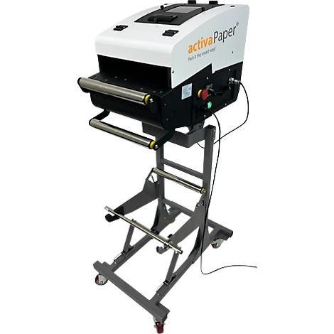 Machine blanche et noire sur un support gris avec des rouleaux. Texte "activaPaper" à droite.