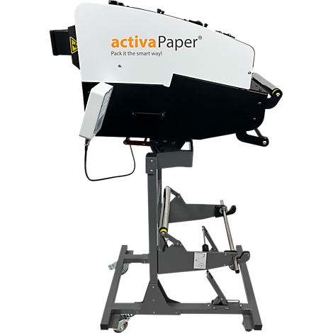 Machine d'emballage blanche et noire avec le logo 'activaPaper', Pack it the smart way.