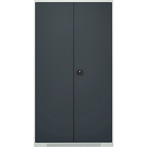 Dark gray cabinet with two doors and a silver handle.