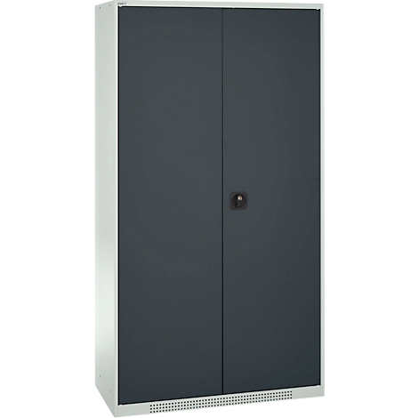 Grey cabinet with double doors and handle.