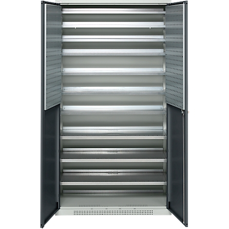 Gray metal cabinet with open doors. Inside, several shelves can be seen. The door has a perforated pattern.