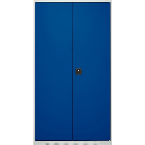 Blue cabinet with two doors and a small handle. White frame.