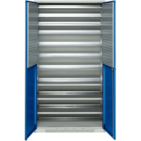 Open blue cabinet with silver shelves. Doors are open, hole pattern on the inside. Ideal for storage.