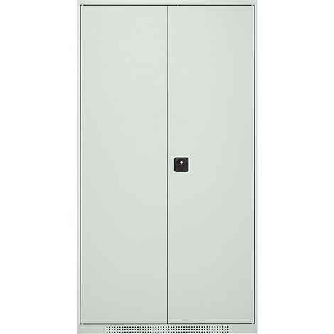 White cabinet with two doors and a black handle in the middle.