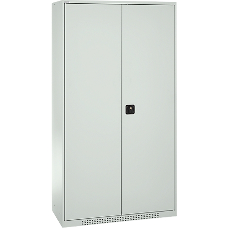 White cabinet with two doors, black handle. Ventilation slots at the bottom.