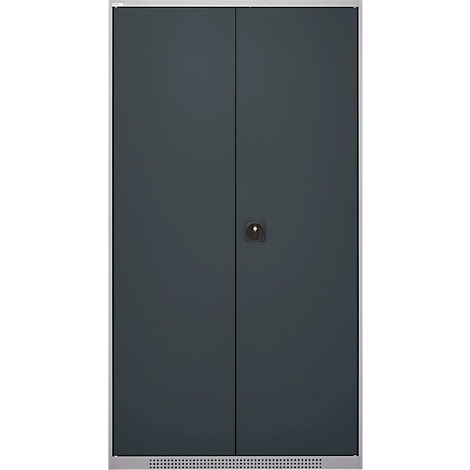 Grey cabinet with two doors and a round handle. The doors are closed, the background is white.