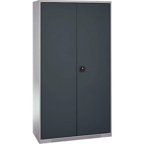 Gray cabinet with two doors and a handle.