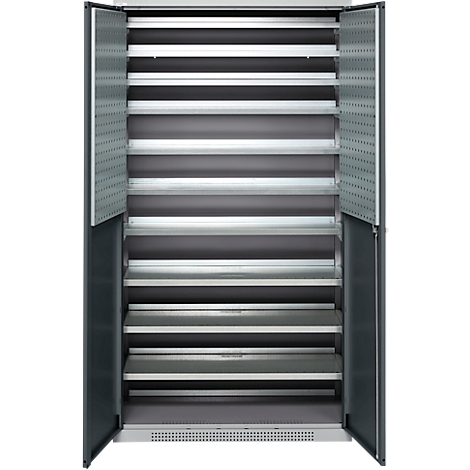 A gray cabinet with open doors, shelves and perforated sheet metal side walls. The interior is empty.