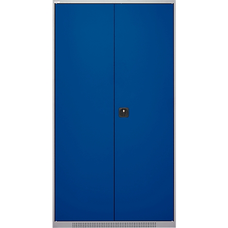 A blue cabinet with two doors, a handle, and a silver frame.