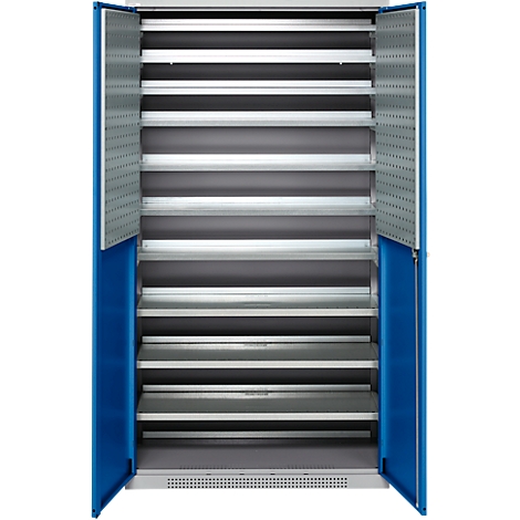 Blue tool cabinet with open doors, full of metal shelves.