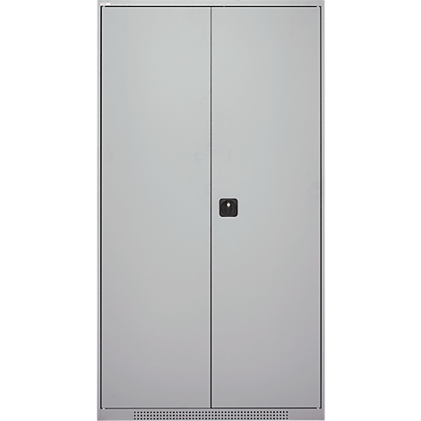 Grey double door with black handle. Bottom edge with holes.