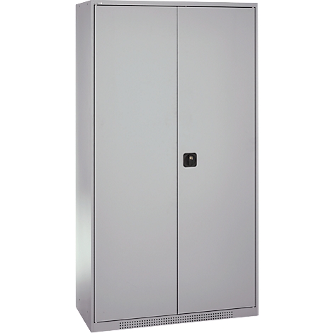 A grey steel cabinet with two doors and a black handle, against a white background.
