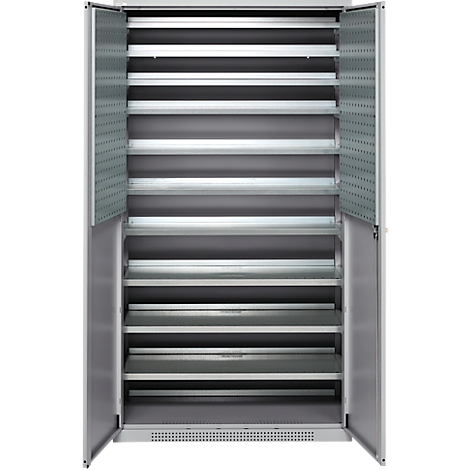 Open gray cabinet with shelves. The doors are open. Inside, the cabinet is empty.