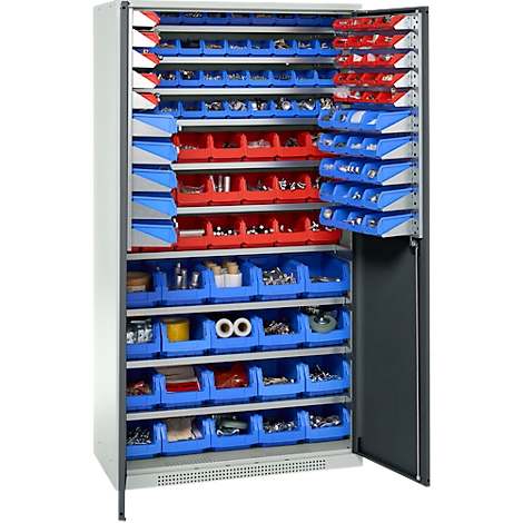 Werkzeugschrank mit Schubladen in Rot und Blau, gefüllt mit Schrauben, Muttern und Werkzeug.