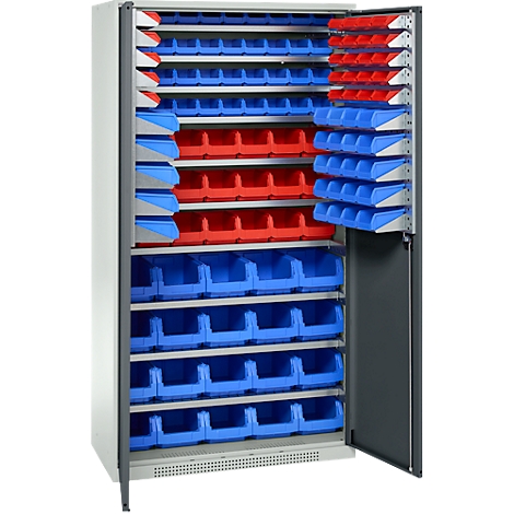 Offener Werkzeugschrank mit blauen und roten Behältern in verschiedenen Größen.