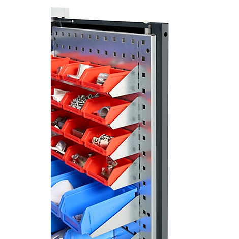 Detailaufnahme eines Werkzeugschranks mit roten und blauen Schubladen, gefüllt mit Kleinteilen.