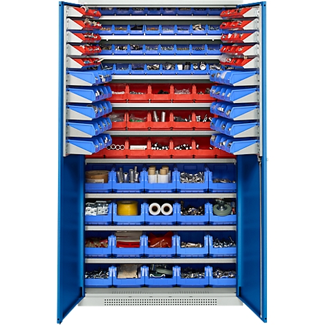 Blauer Werkzeugschrank mit geöffneten Türen. Innen viele blaue und rote Boxen mit Werkzeugteilen.