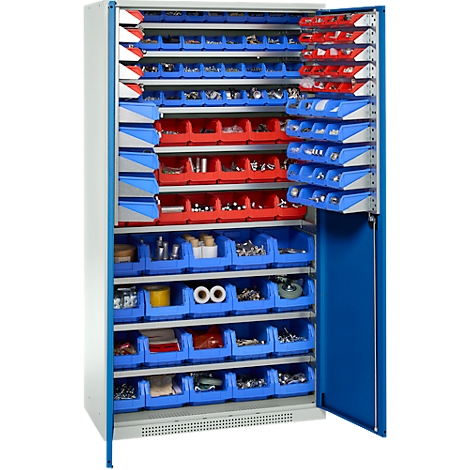 Ein offener blauer Werkzeugschrank, gefüllt mit roten und blauen Behältern, die mit verschiedenen Werkzeugen und Teilen bestückt sind.