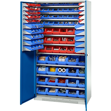 Werkzeugschrank mit blauen und roten Schubladen, gefüllt mit Werkzeugen und Kleinteilen.