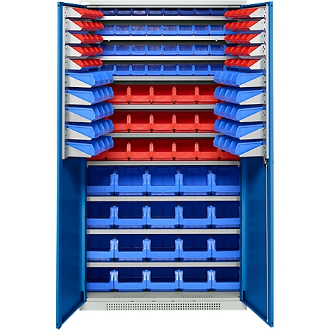 Blaue und rote Kunststoffbehälter in einem blauen Schrank, die zur Aufbewahrung von Kleinteilen dienen.