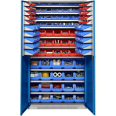 Blauer Werkzeugschrank mit offenen Türen, gefüllt mit roten und blauen Behältern voller Schrauben und Kleinteilen.