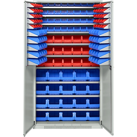 Offener Werkzeugschrank, gefüllt mit roten und blauen Behältern, die Werkzeuge und Materialien organisieren.