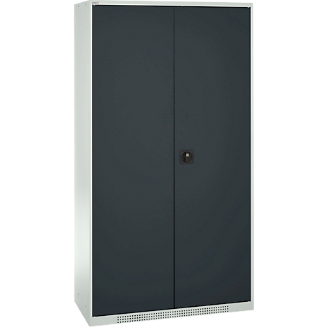 Gray cabinet with two doors, black handle and ventilation slots.