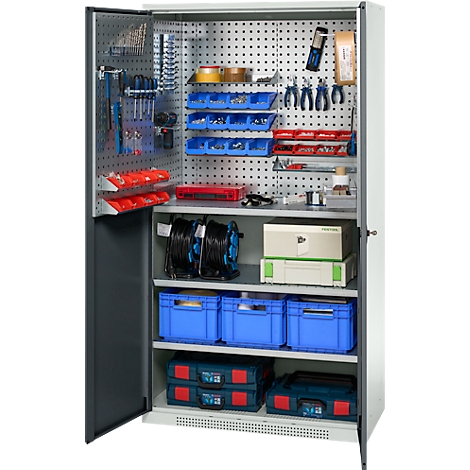 Tool cabinet with tools, drawers, cable reel and boxes. Open. Grey silver.