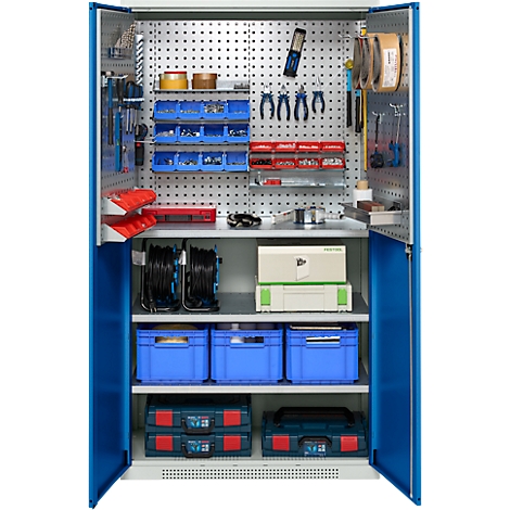 Open tool cabinet with many tools, boxes, tool boxes and accessories.