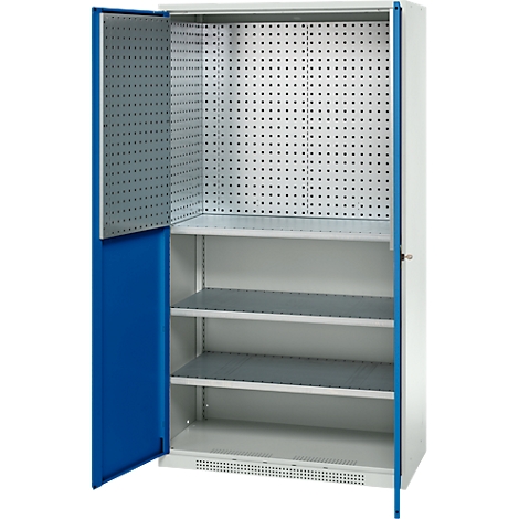 White cabinet with blue door, open. Inside with perforated wall and shelves.