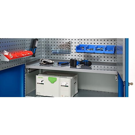 Tool cabinet with pegboard, filled with tools. On the shelf: drill, gloves, clamps. Below: toolbox.
