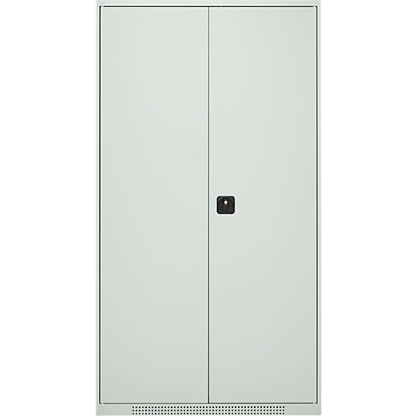 A white cabinet with two doors and a black handle. Ventilation holes are below.