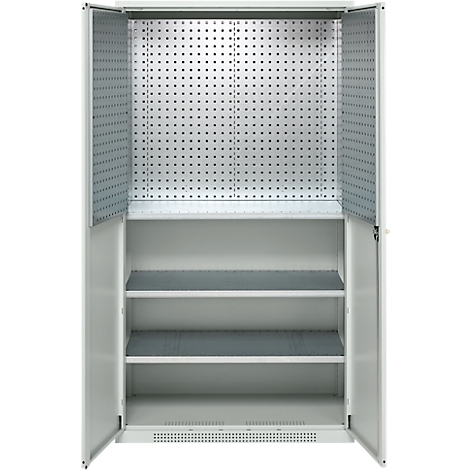 Open white tool cabinet with pegboard and three shelves. The doors are open.