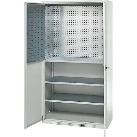 Metal cabinet, one door open, shelves inside.