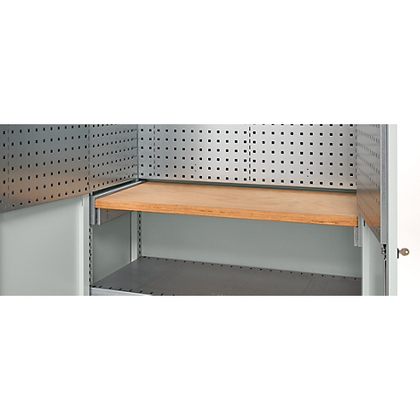 Open workshop cabinet with perforated walls, wooden shelf, and lower metal bottom. The door is indicated.