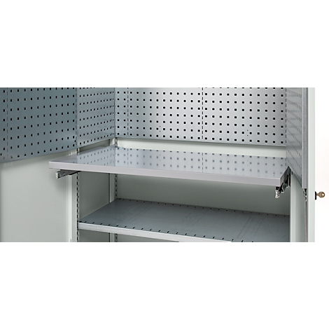 Open cabinet with perforated walls and shelves, metallic color. The upper shelf is pulled out.
