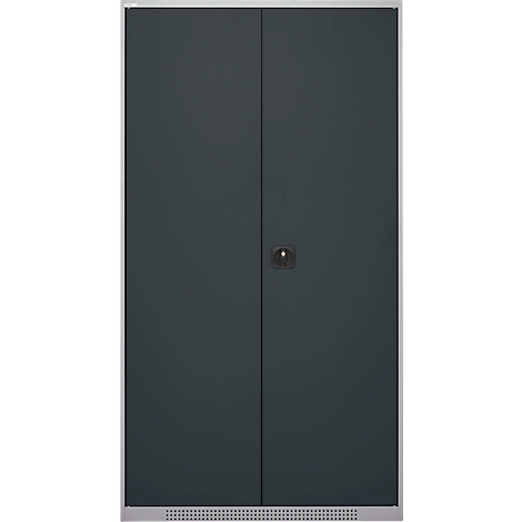 Dark grey cabinet with two doors and a round knob in the middle. The cabinet stands against a white background.