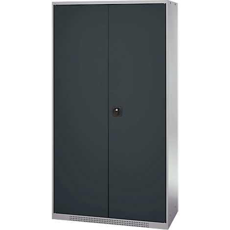Dark gray cabinet with two doors and a handle.