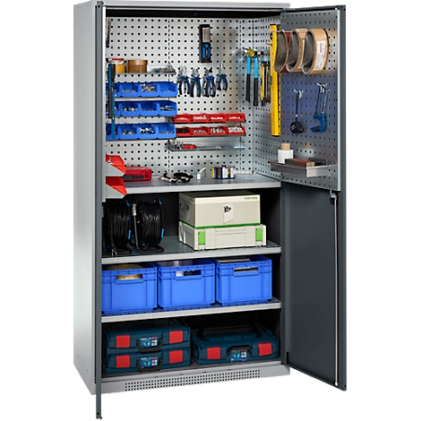 Tool cabinet with tools, cables, boxes and accessories. The left door is closed, the right one open.