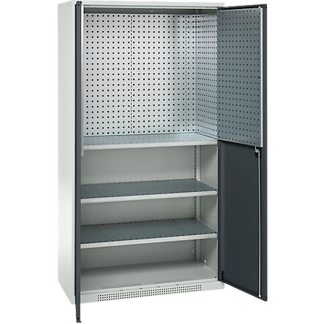 Metal cabinet with open doors, perforated back panel, and shelves.
