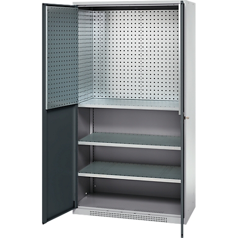 Gray metal cabinet with open door. Shelves and a pegboard are visible inside.