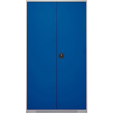 Blue cabinet with two doors, silver frame and handle.