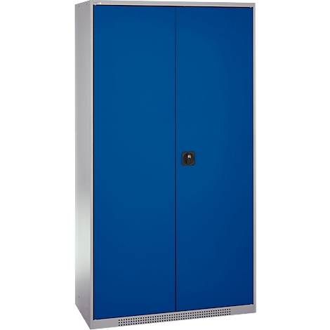 Blue steel cabinet with two doors. Gray frame and handle.