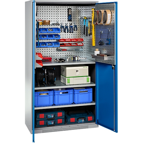 Tool cabinet with open door. Tools, blue boxes and cases are neatly stored.