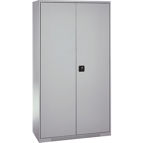 Gray filing cabinet with two doors and a black handle.
