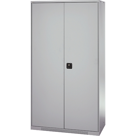 Gray filing cabinet with two doors and a black handle.