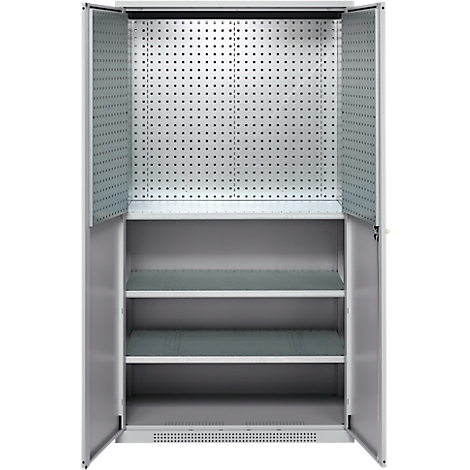 An open, gray tool cabinet. The doors are open. Inside are three shelves. The back wall has a hole pattern.