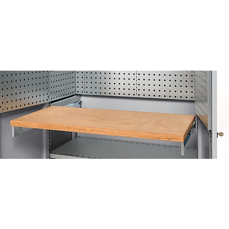 Pull-out of a workshop cabinet with a wooden shelf in light brown, in a gray metal frame.